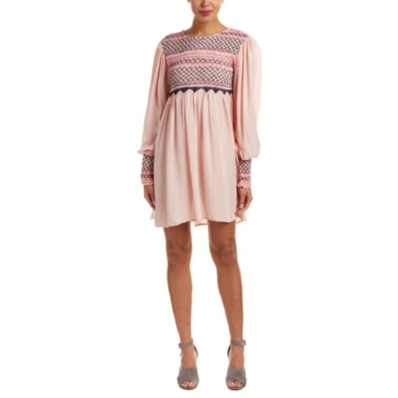 Free People Pink Long Sleeve Smocked Mini Shift Dress Size Small - Picture 1 of 7